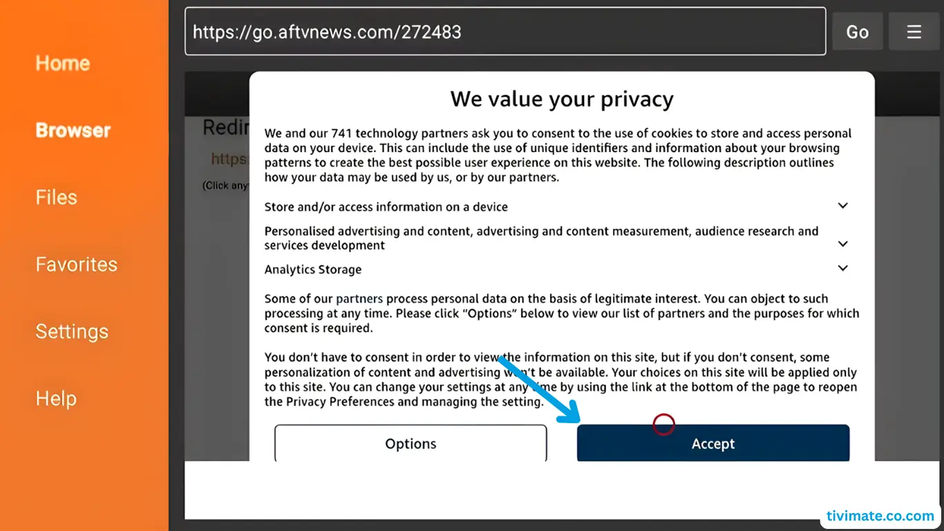 Accepting the Downloader privacy policy on Fire TV