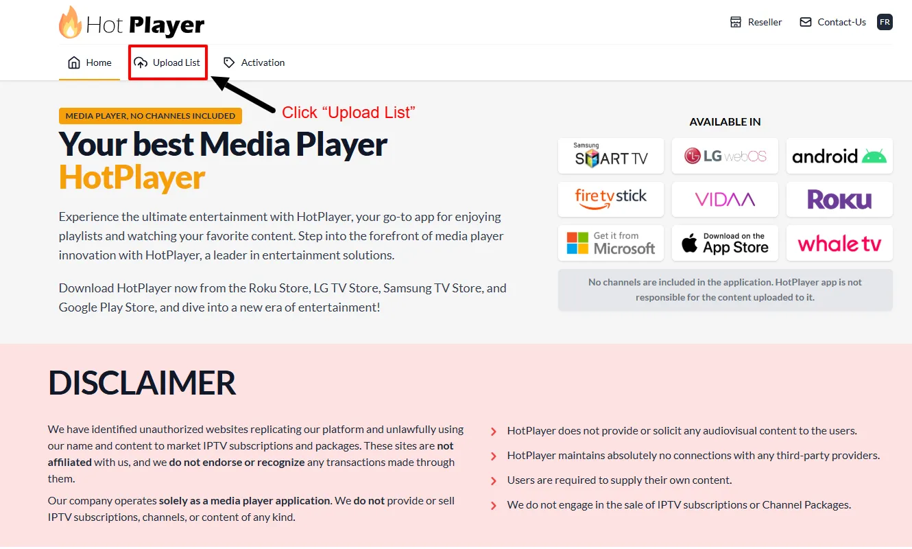 IPTV player website with the Upload List area highlighted