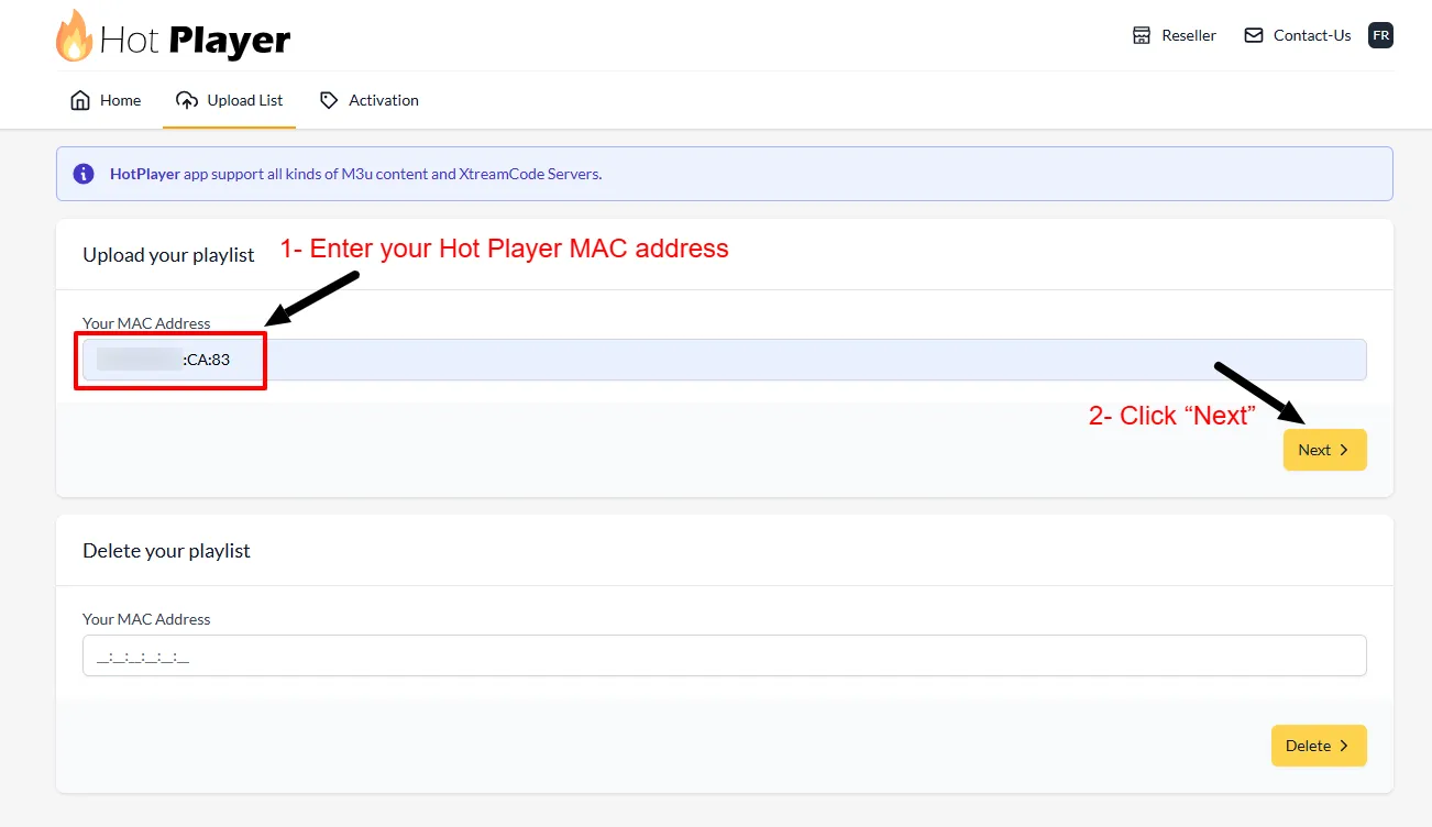 IPTV player upload page with a MAC address field