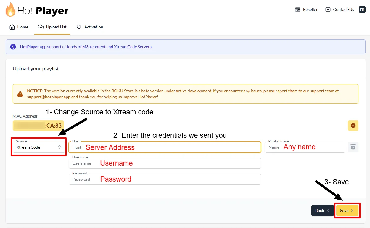 IPTV player upload form showing Xtream Codes credential fields