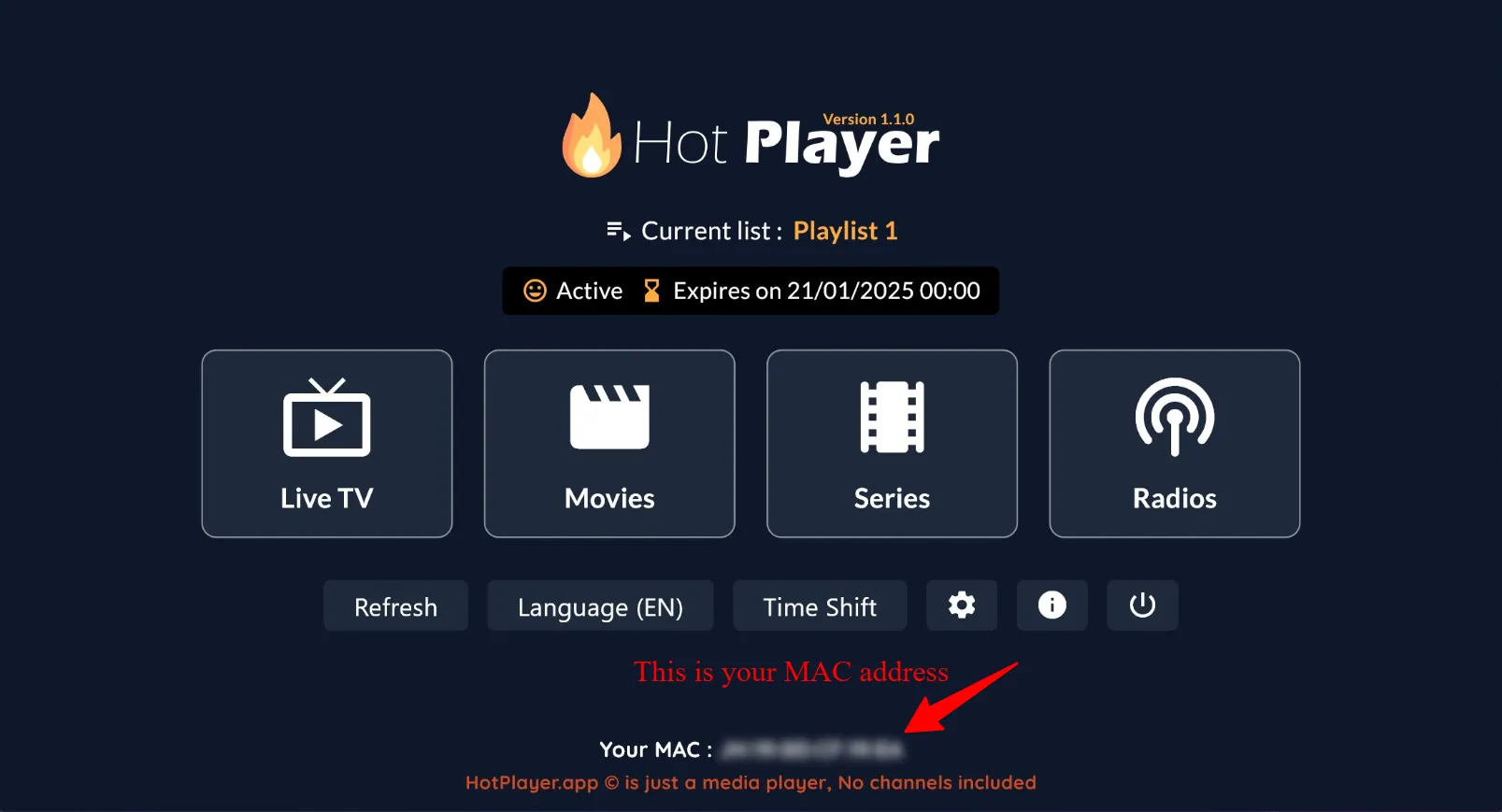 Android IPTV player home screen showing the device MAC address